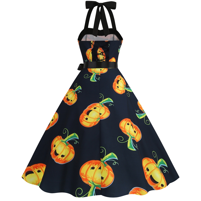 Women Sleeveless Halter Print Halloween Dresses Elegant Festival Party Costumes